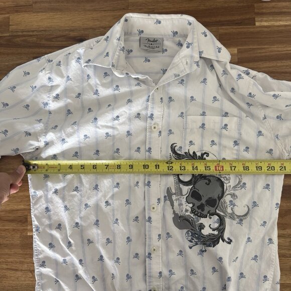 Fender White Button Down Shirt Mens Medium Rock Roll Skulls - Picture 16 of 16